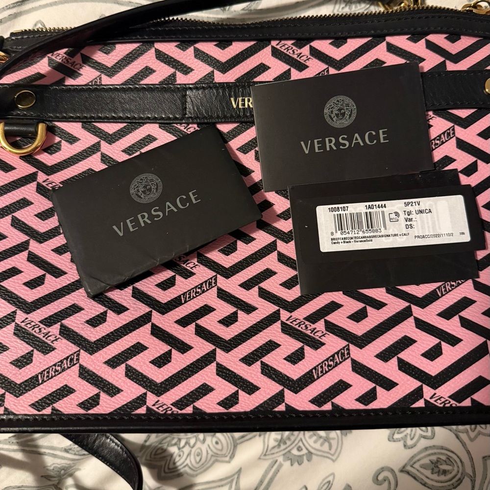 Versace Pink and Black Crossbody Bag with Signature Design